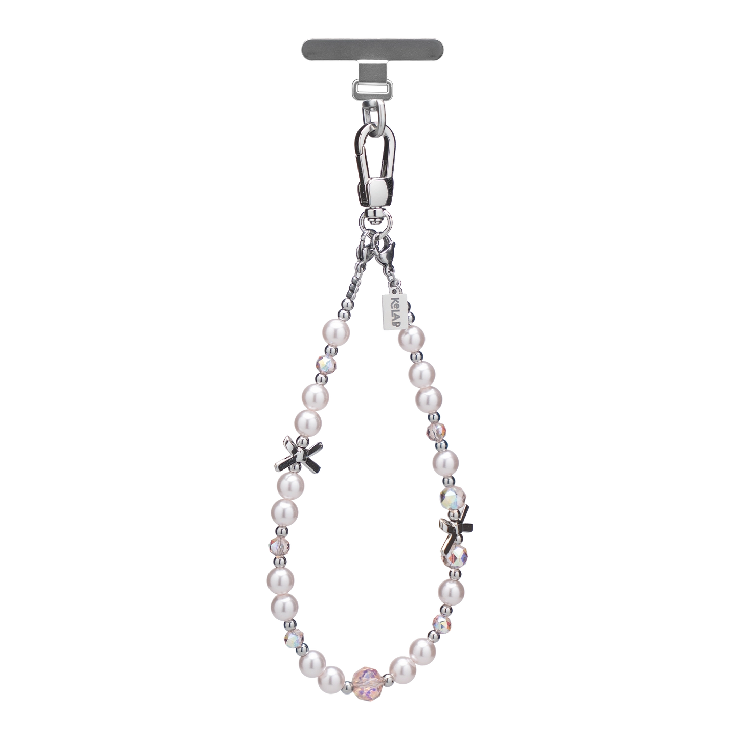 Elegant pearl phone charm with silver accents and crystal embellishments, perfect for special occasions.