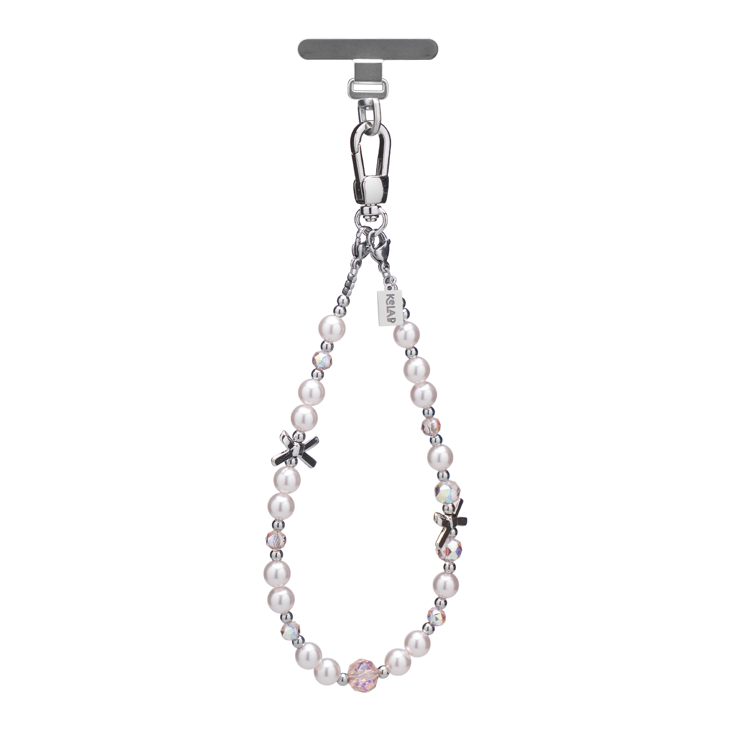 Elegant pearl phone charm with silver accents and crystal embellishments, perfect for special occasions.