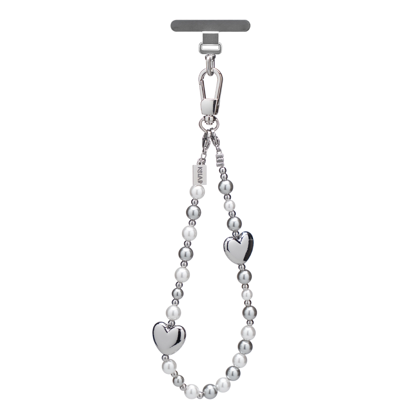 Silver heart charm lanyard with beads, perfect for holding phone and keys.