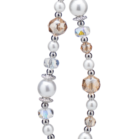 Elegant pearl and crystal bead Phone Charm in silver, featuring various sized white and brown beads.