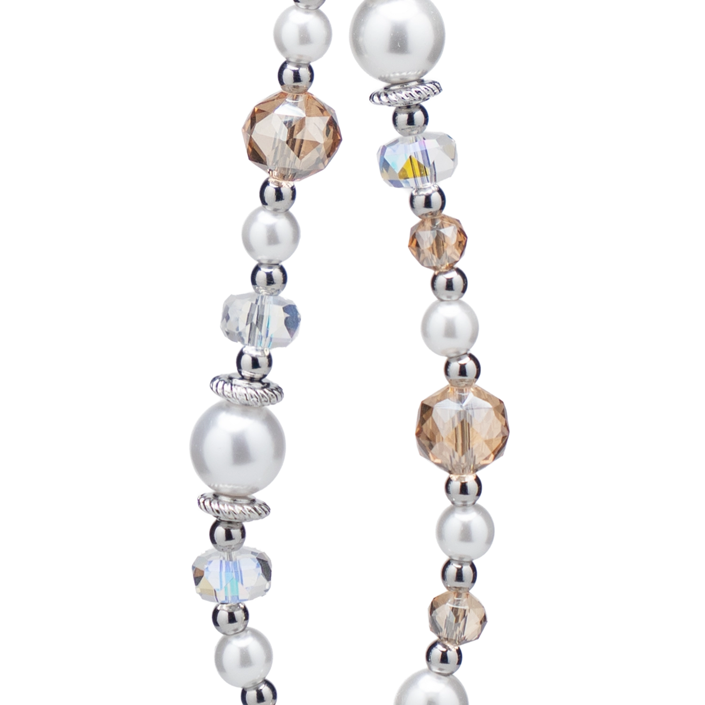 Elegant pearl and crystal bead Phone Charm in silver, featuring various sized white and brown beads.