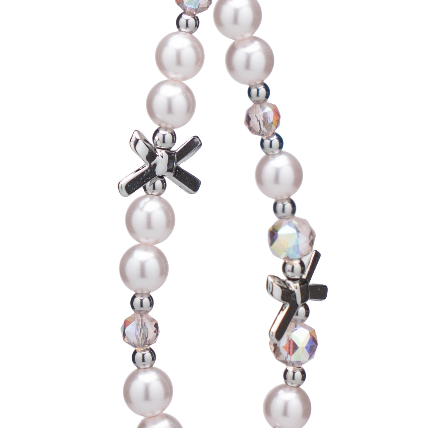 Elegant pearl beaded phone charm with crystal accents and silver cross charms, perfect for special occasions.