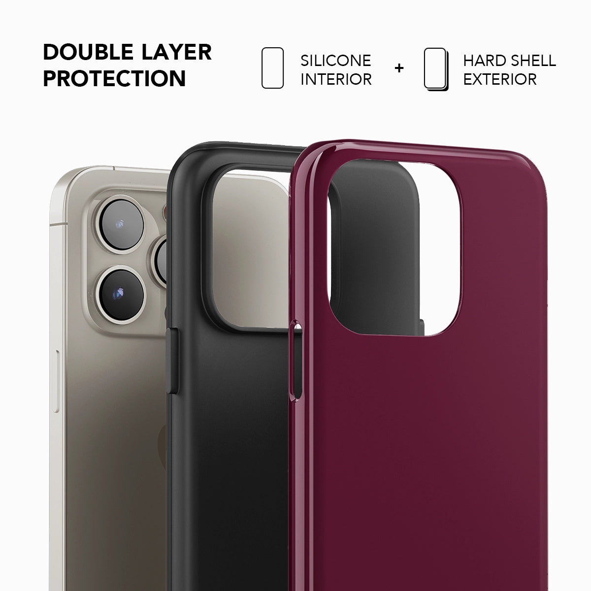 Double layer protection of KELAB burgundy phone case with soft silicone interior and hard shell exterior for enhanced durability.