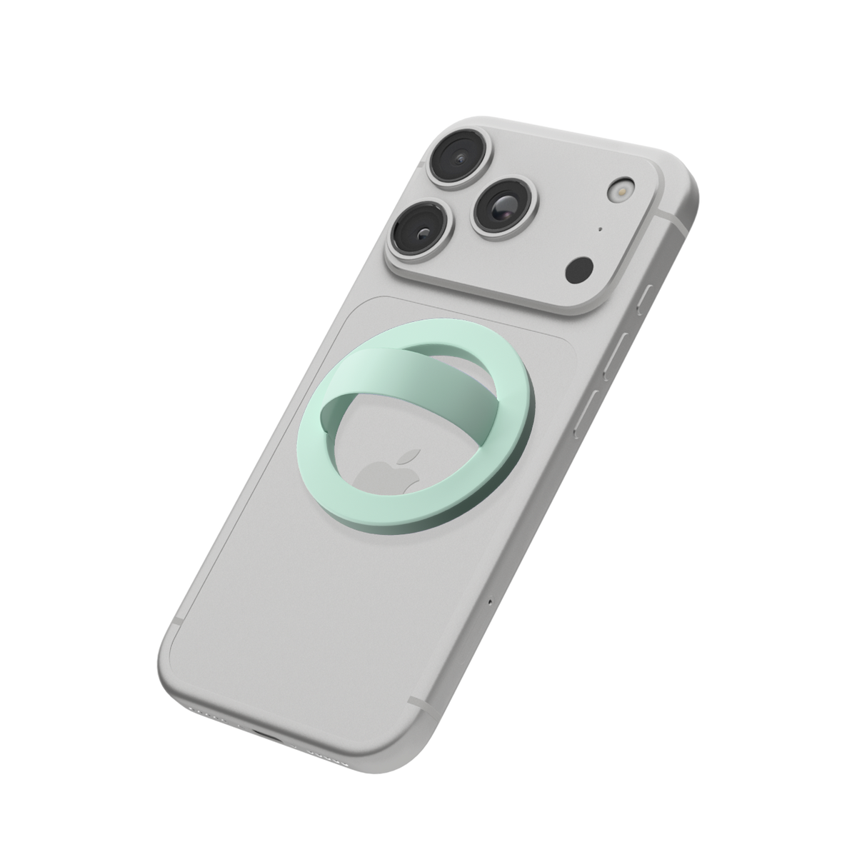 Mint green MagSafe loop grip attached to the back of an iPhone