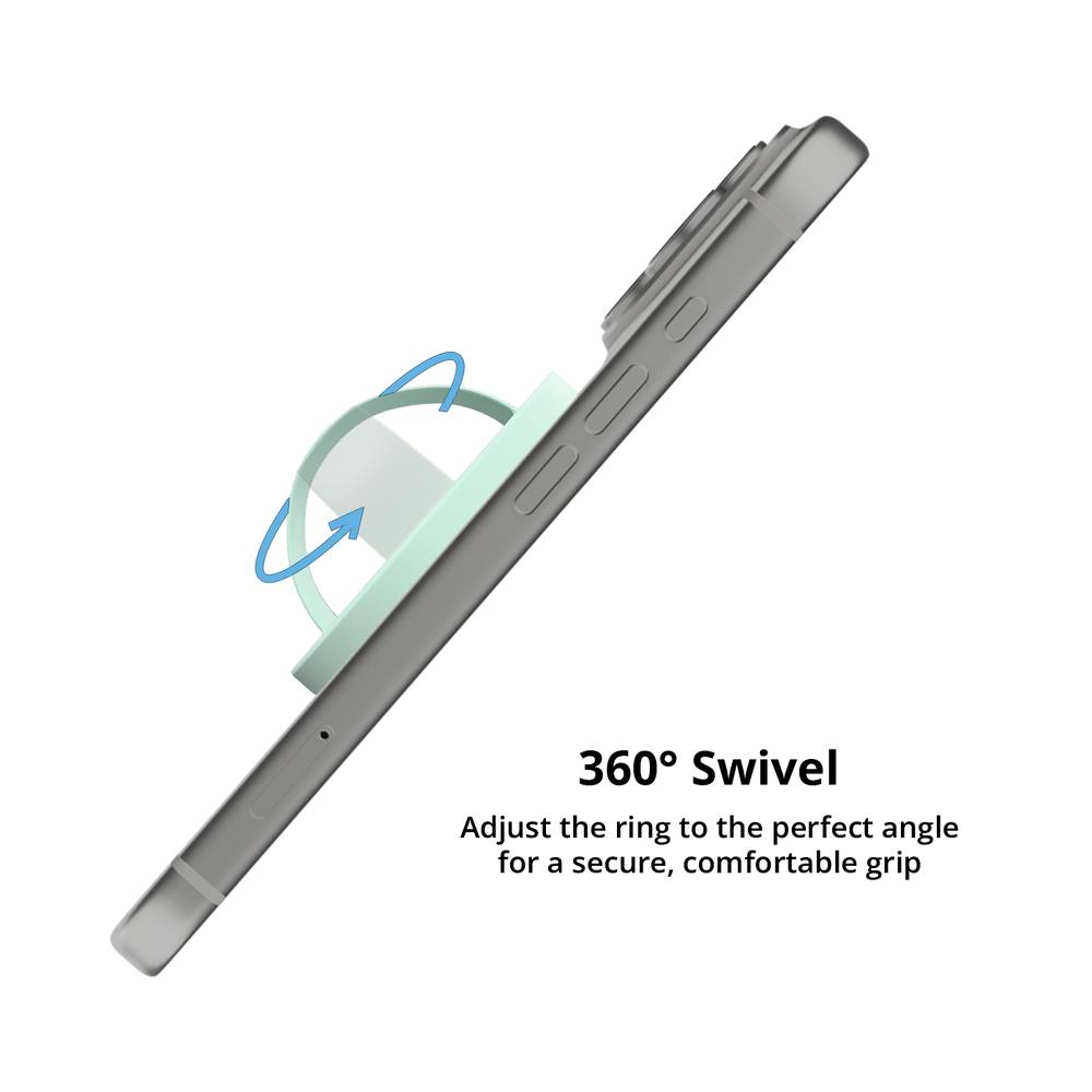 Mint green MagSafe grip ring swiveling 360 degrees on an iPhone