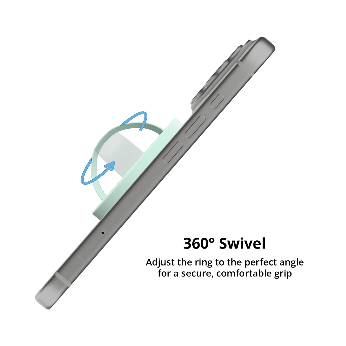 Mint green MagSafe grip ring swiveling 360 degrees on an iPhone