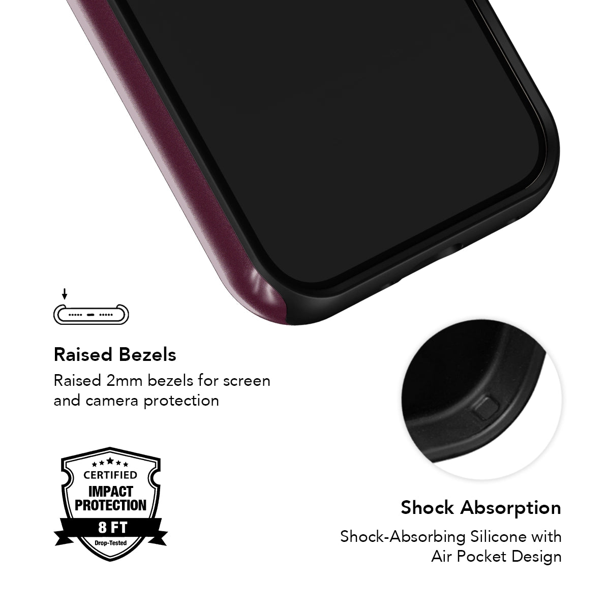 Close-up of KELAB phone case showing raised bezels and shock-absorbing silicone with air pocket design for impact protection.