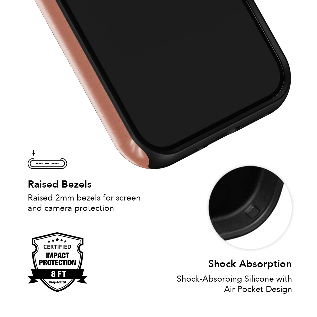 Close-up of KELAB nude phone case showing raised bezels and shock-absorbing silicone for certified 8ft impact protection.
