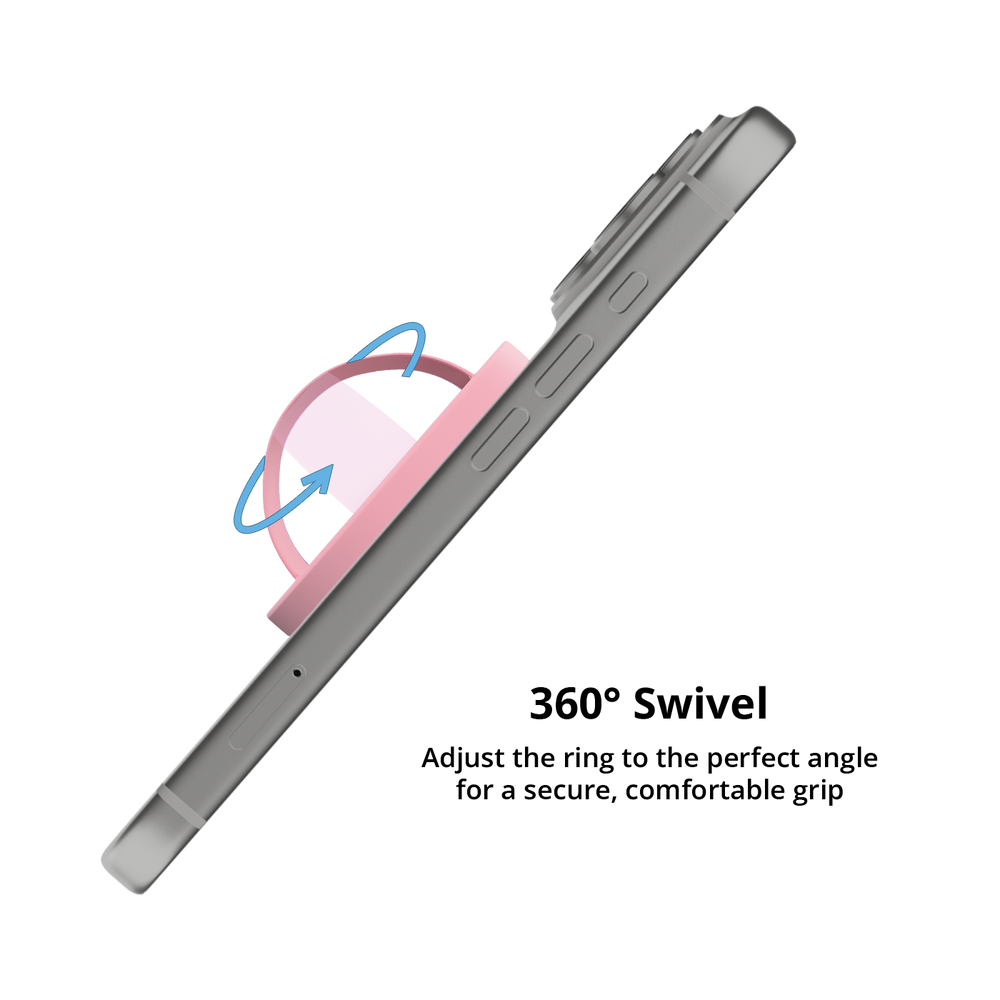 Light pink MagSafe grip ring swiveling 360 degrees on an iPhone