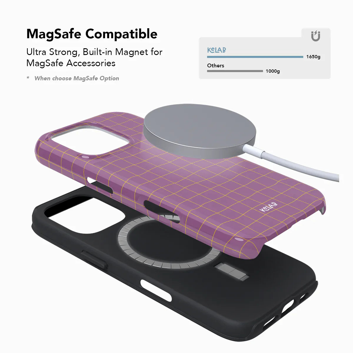 MagSafe compatible KELAB phone case in pink with orange grid, featuring built-in magnet and dual-layer design for secure accessory use.