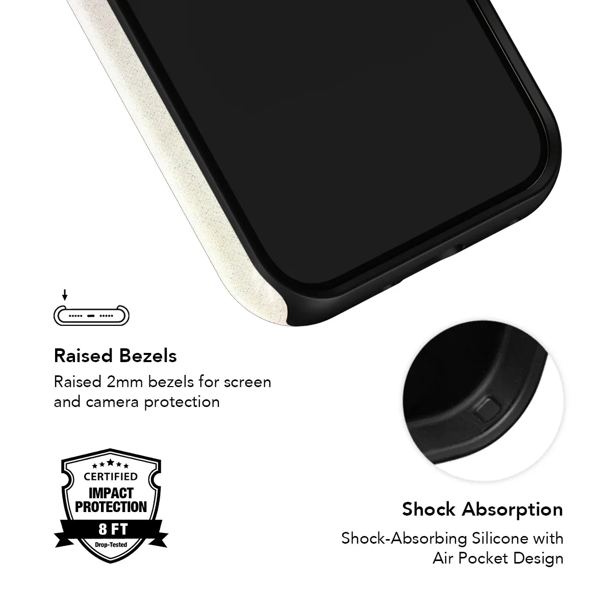 Shock-absorbing iPhone case with raised bezels and air pocket design, offering certified 8ft impact protection in a colorful artistic style.