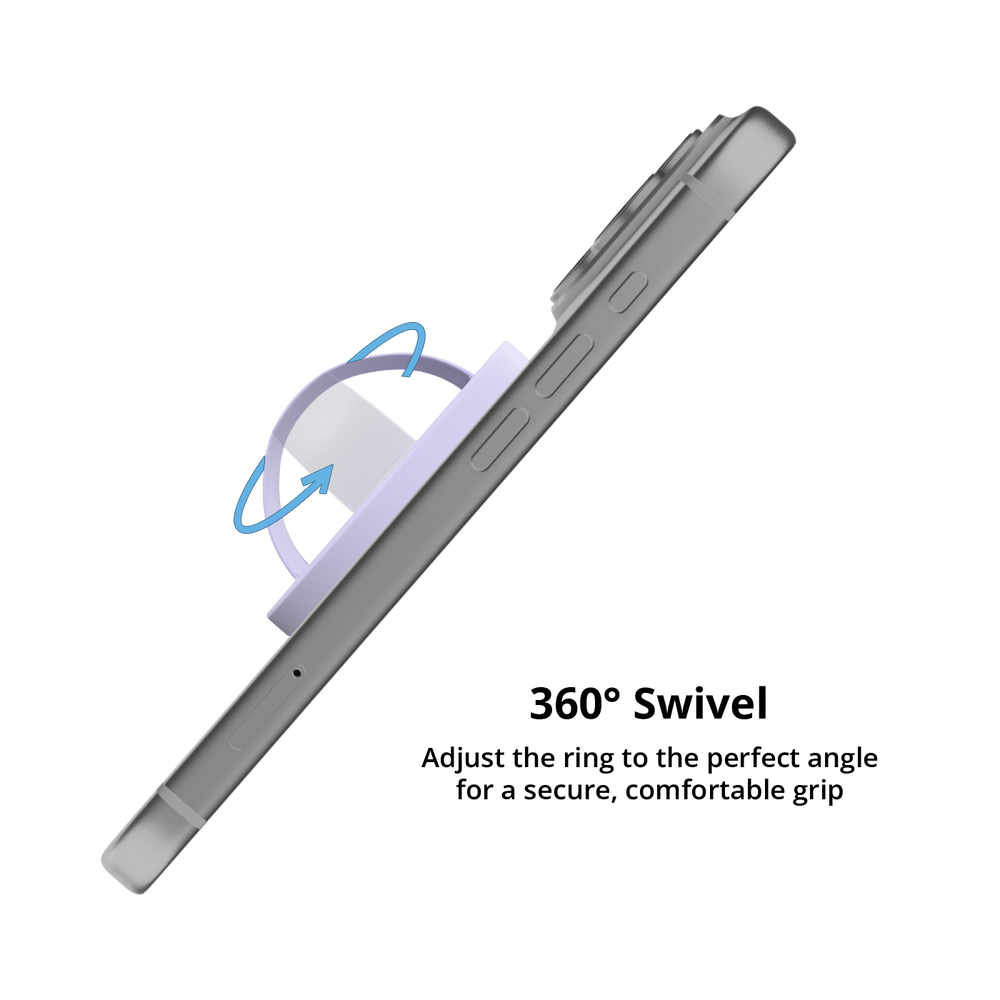 Lilac MagSafe grip ring swiveling 360 degrees on an iPhone