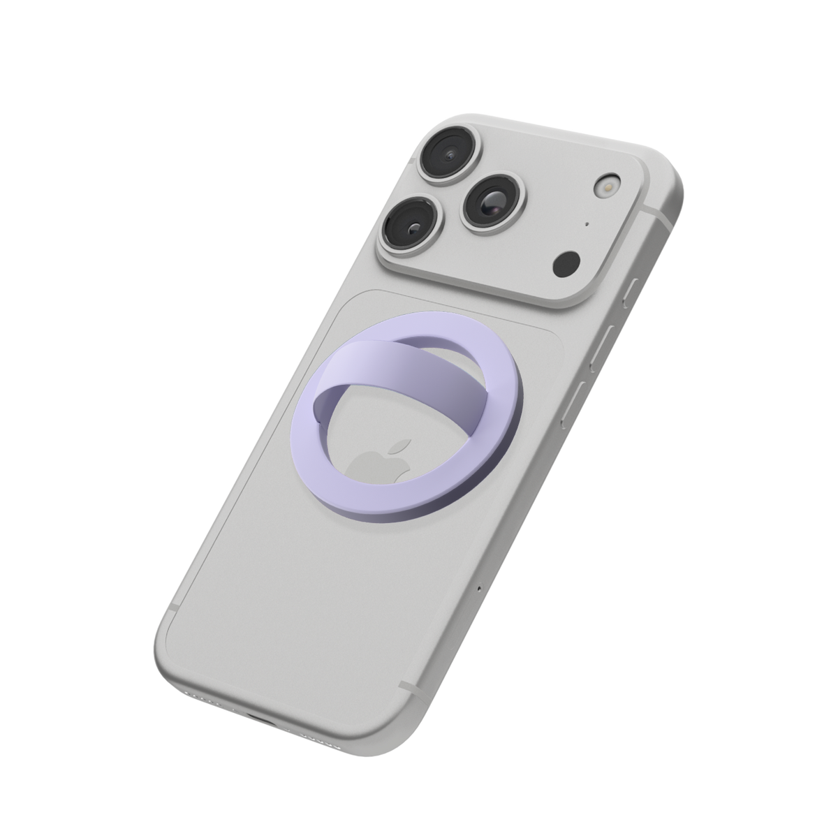 Lilac MagSafe loop grip attached to the back of an iPhone