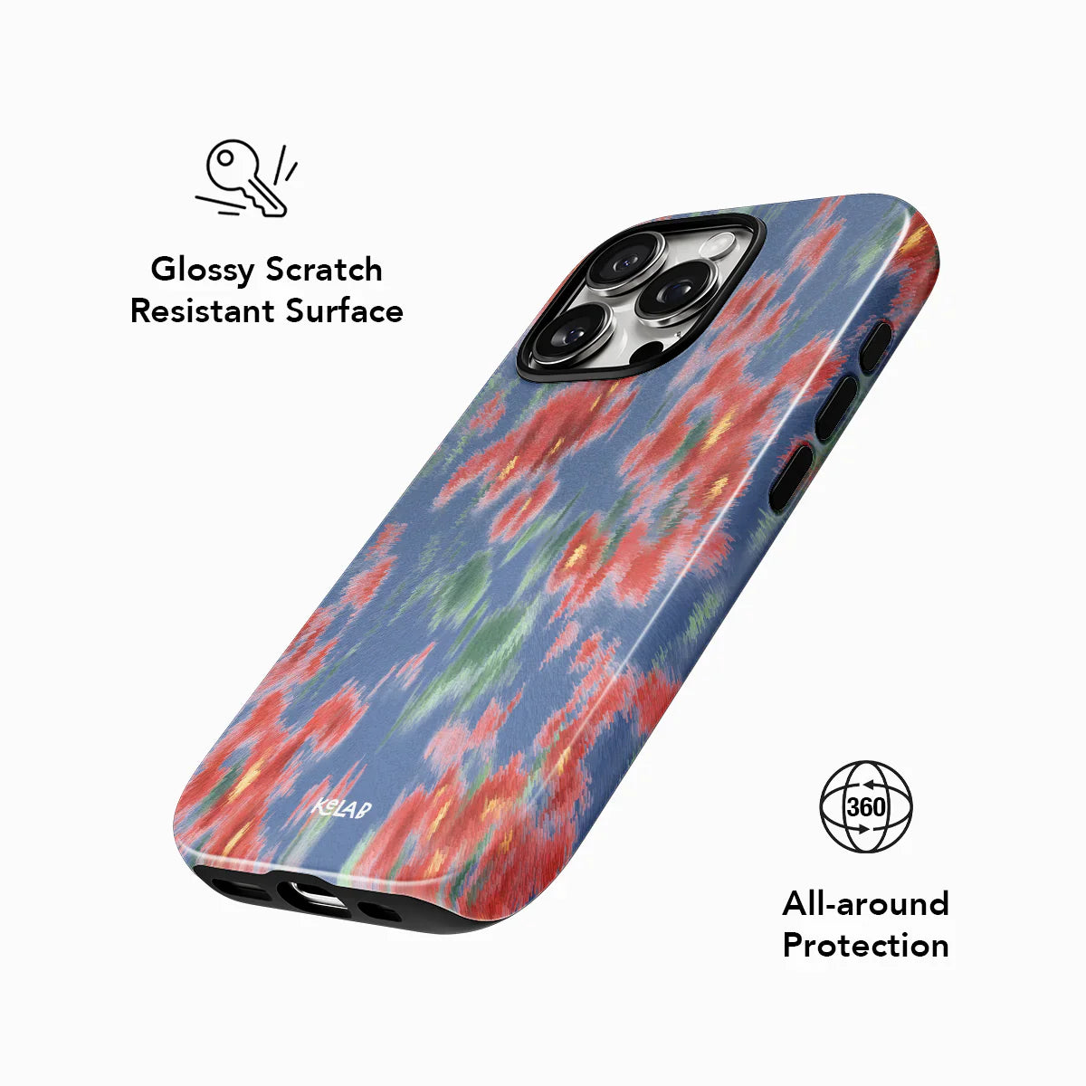 Phone case with colorful abstract design on a white background