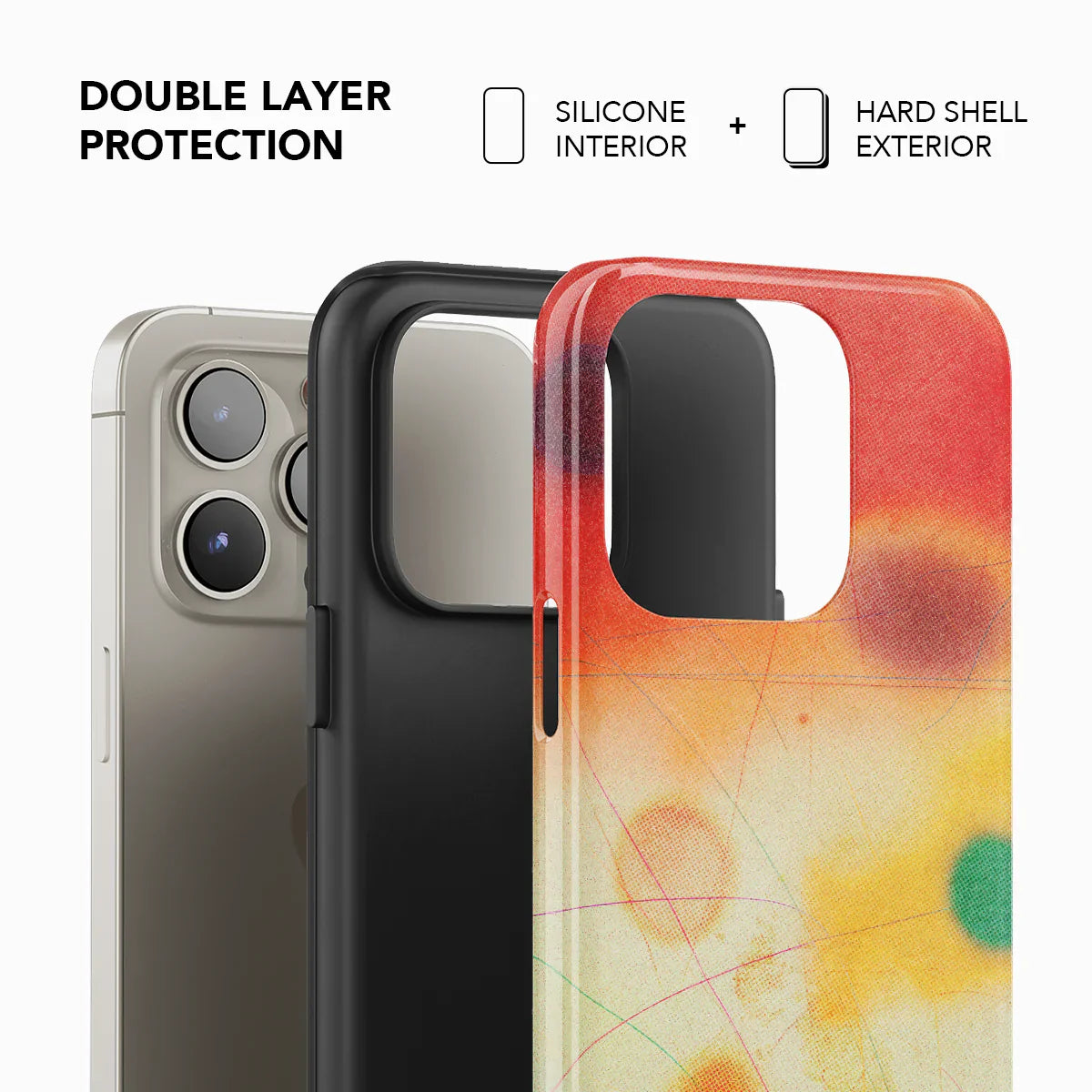 Double-layer protection phone case with silicone interior and hard shell exterior, showcasing KELAB’s colorful red abstract design.