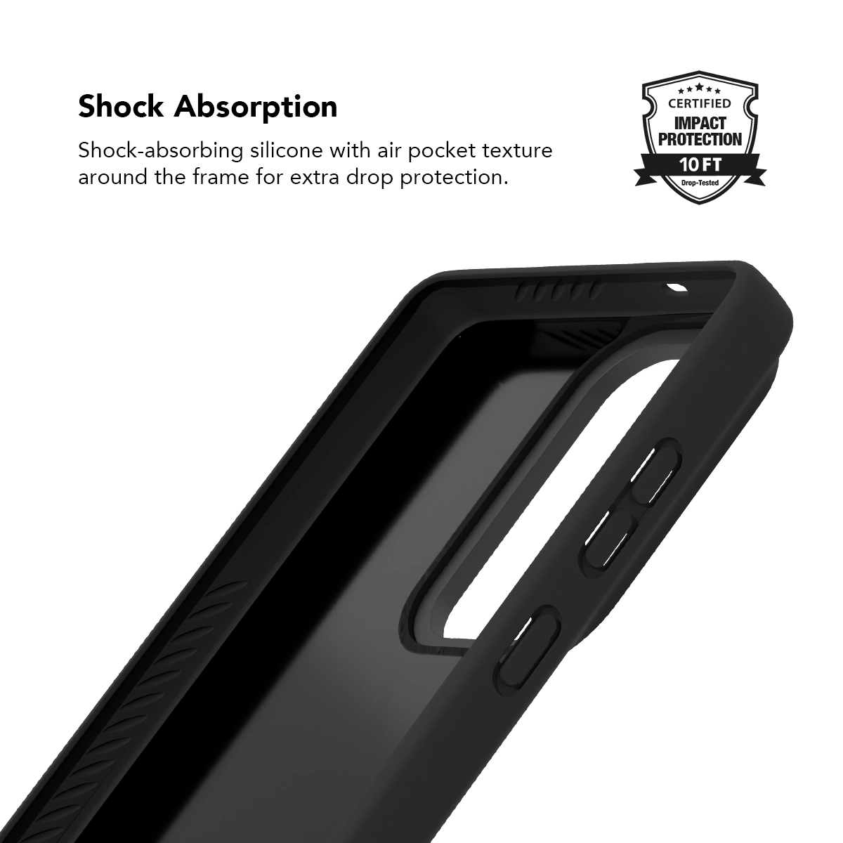 Black Samsung Galaxy phone case made of shock-absorbing silicone with air pocket texture for drop protection