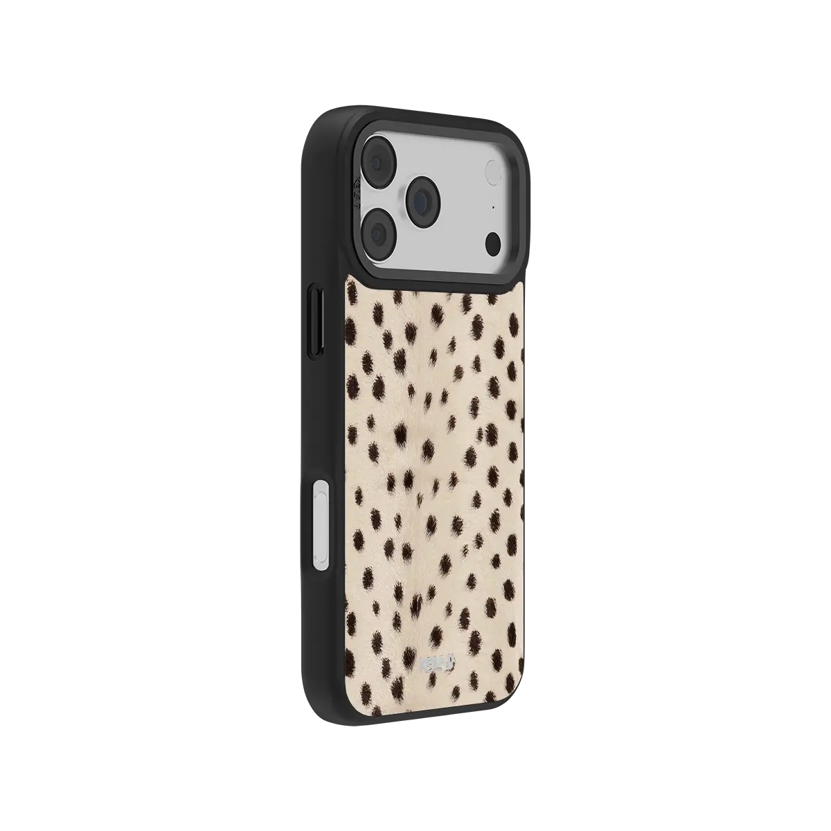 Cream cheetah print iPhone case shown from the side with raised protective edges.