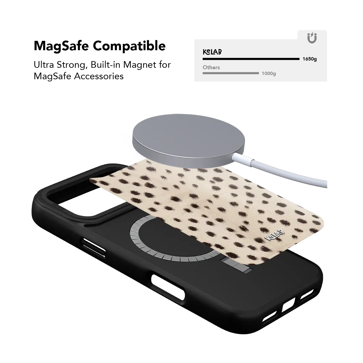 MagSafe compatible cream cheetah print iPhone case with built-in N52 magnets.