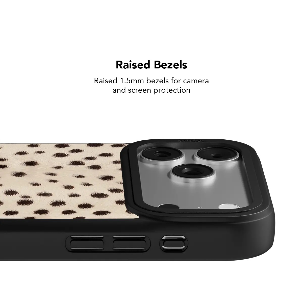 Cream cheetah print phone case with raised bezels protecting the screen and camera lenses.