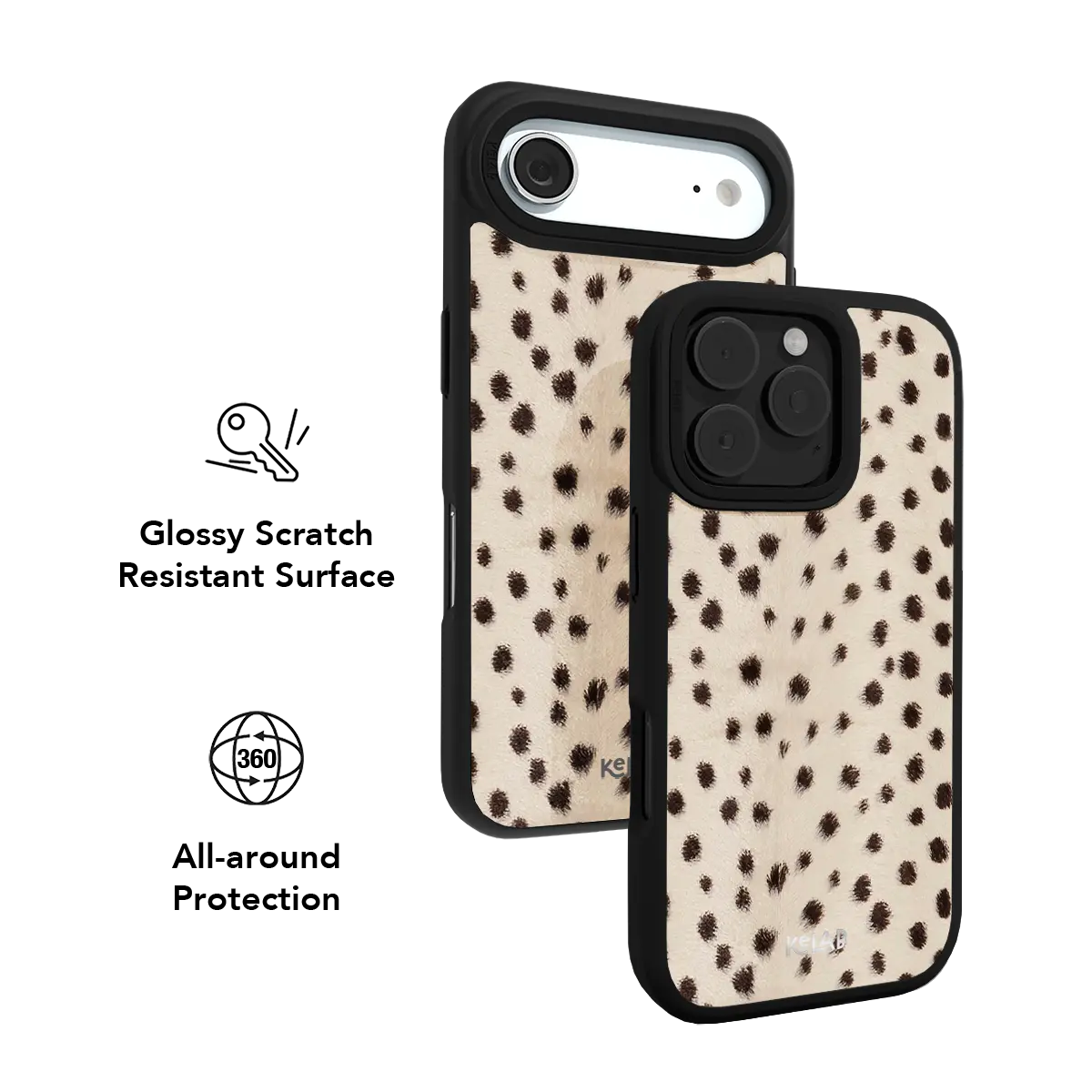 Cream and black cheetah print iPhone case with glossy scratch resistant finish and evenly spaced solid spots.