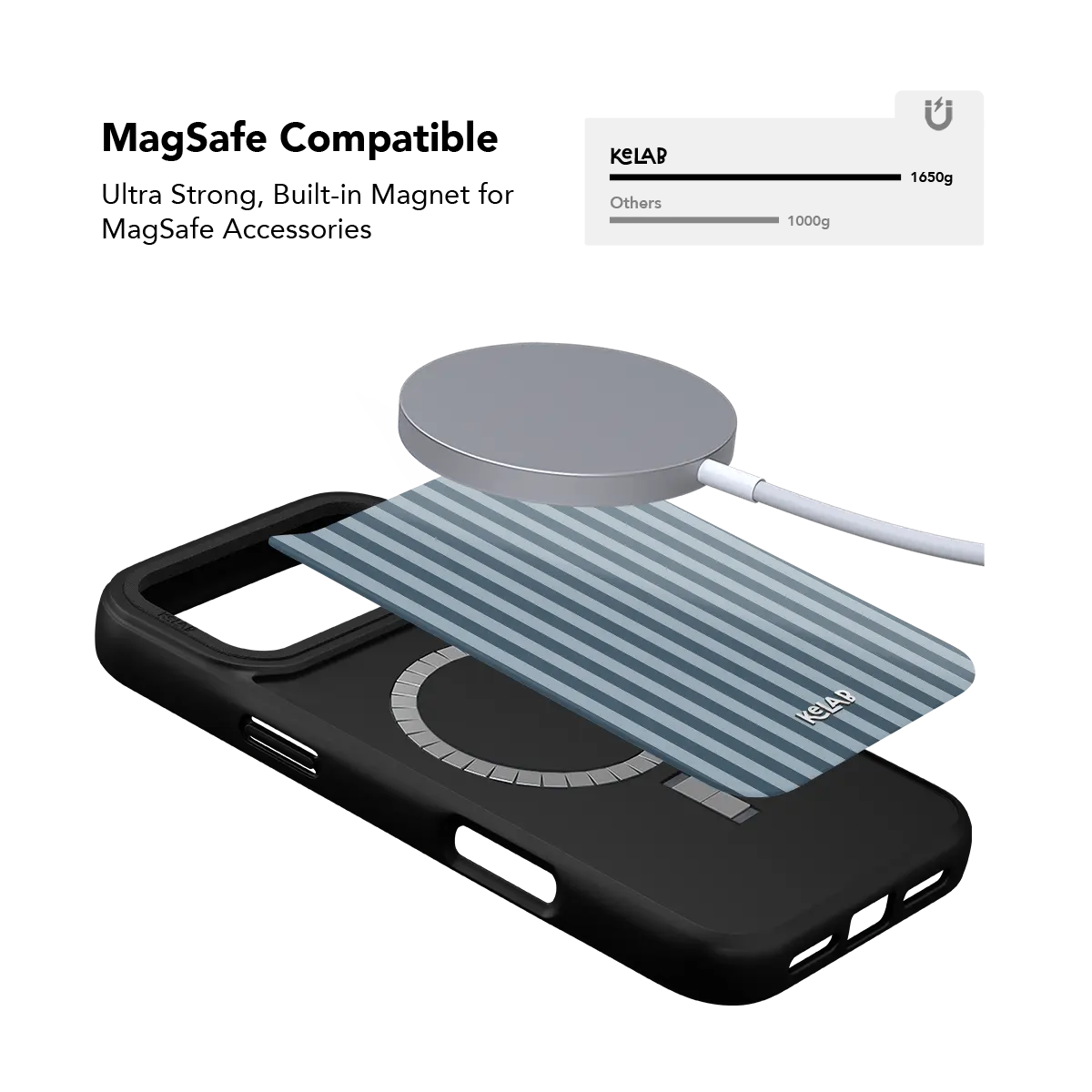 Striped KELAB iPhone Case blue and black with MagSafe compatible magnets and raised camera lip