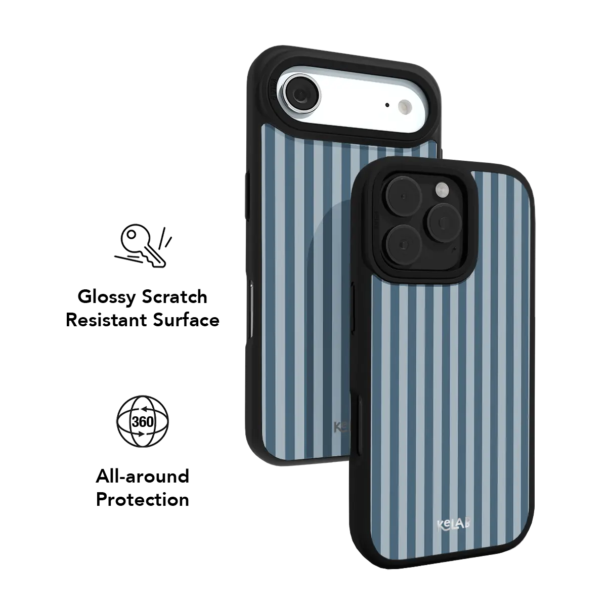 Striped KELAB iPhone Case with MagSafe, blue and white vertical stripes and black bumper