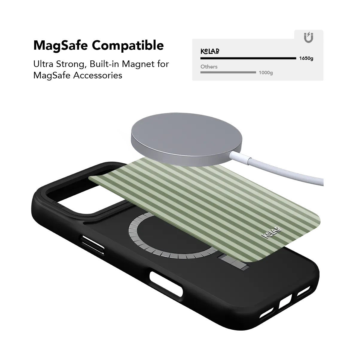 Striped KELAB iPhone Case with MagSafe, green and black slim recycled polycarbonate shell