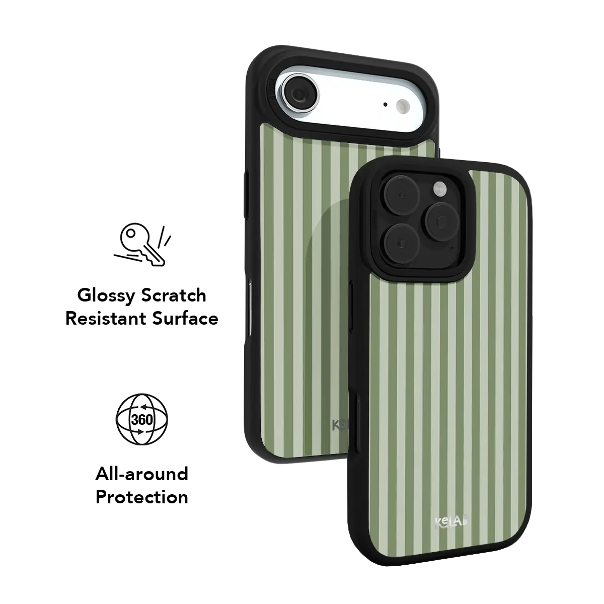Striped KELAB iPhone Case green and white with MagSafe compatibility and raised camera lip