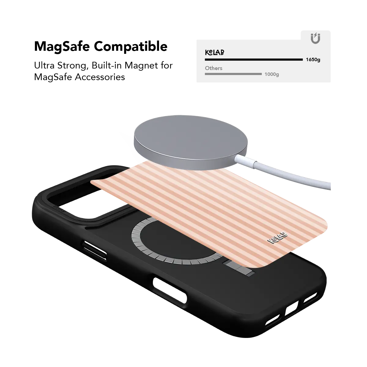 KELAB iPhone Case striped pink and black with MagSafe magnets and raised camera lip