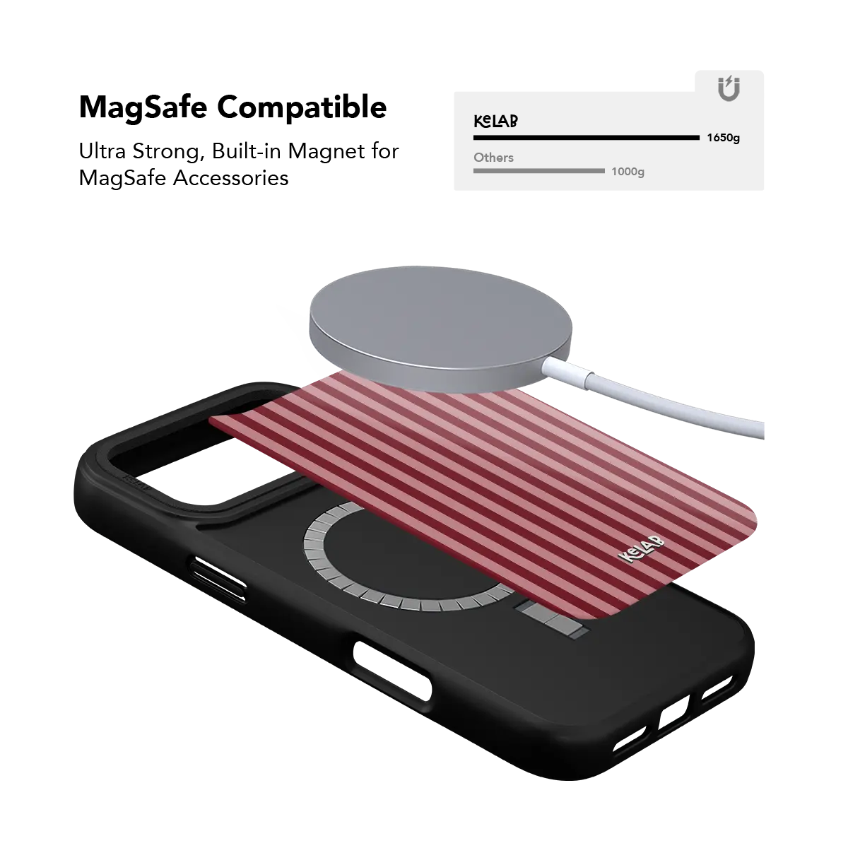 Striped KELAB iPhone Case with vertical pinstripe pattern, red and black MagSafe compatible cover