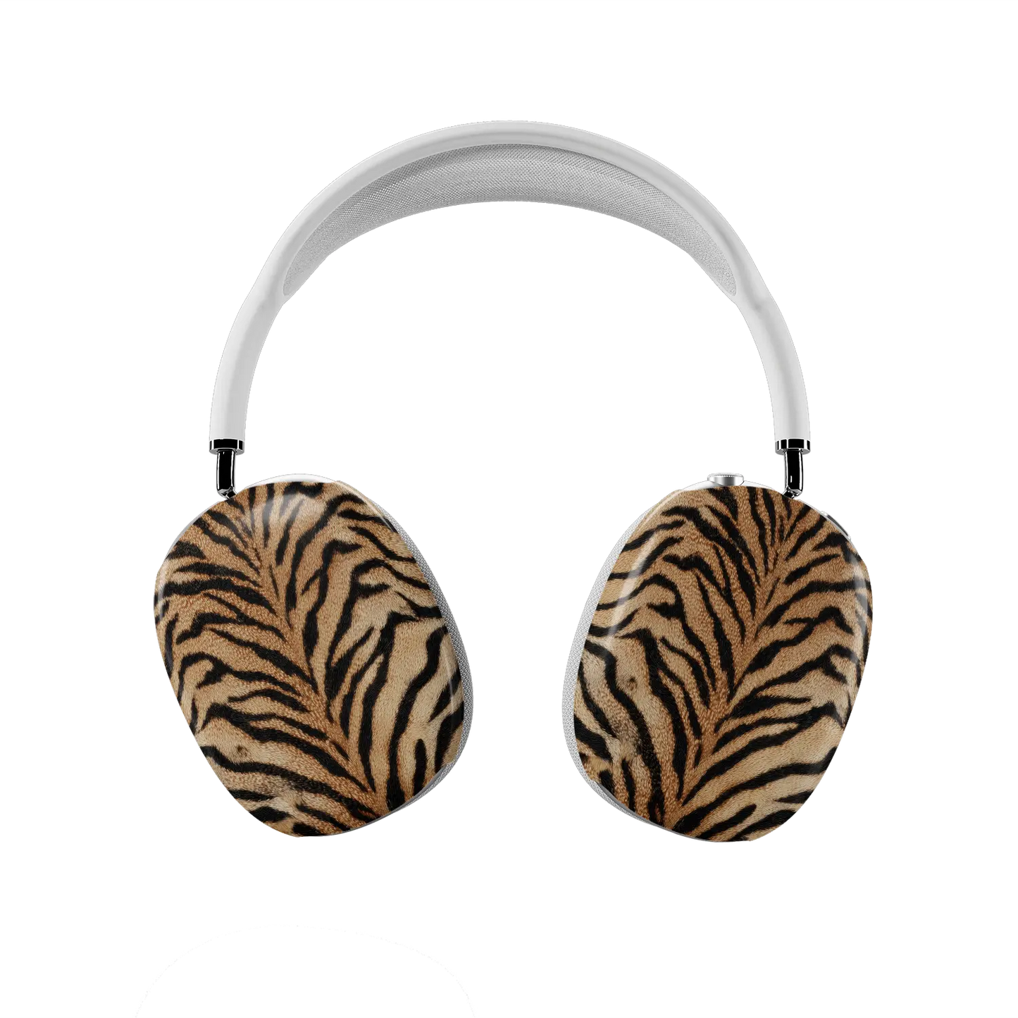 Orange tiger print AirPods Max cover on white headphones, amber and black stripes by KELAB