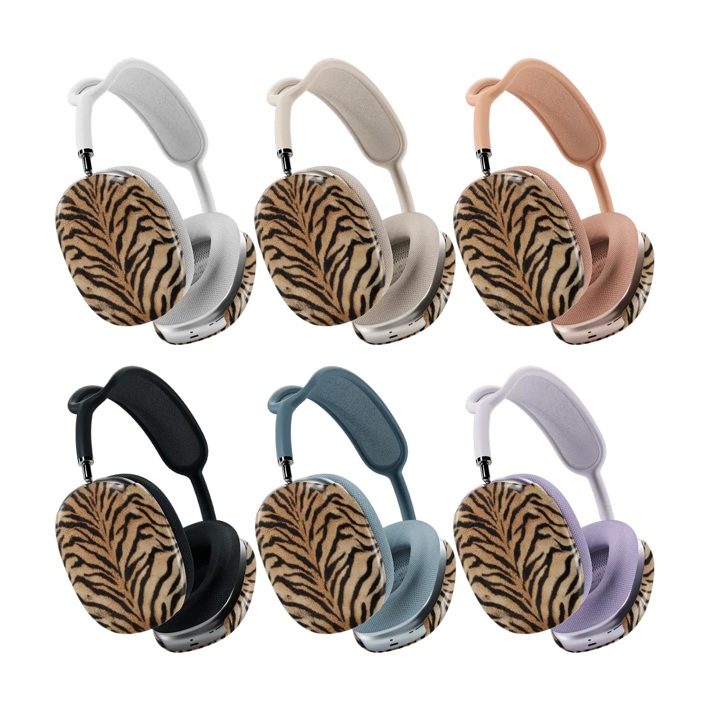 Tiger print AirPods Max cover shown on six AirPods Max colours including starlight, black and purple