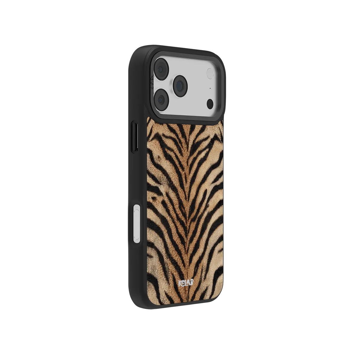 KELAB Bold tiger print iPhone case in warm gold with MagSafe and a Chrome edge finish.
