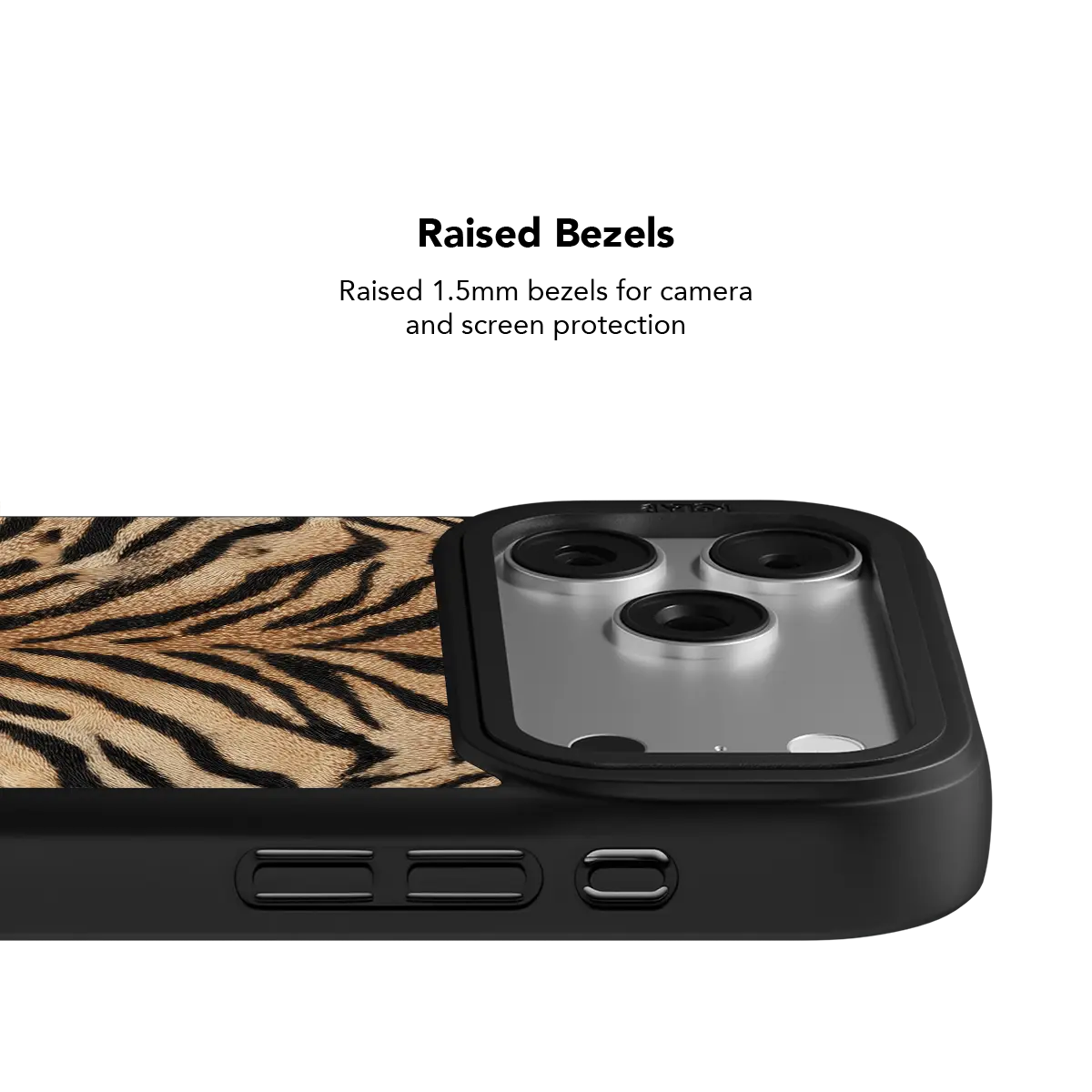Fierce orange tiger print iPhone case in Chrome finish showing raised bezel camera protection.