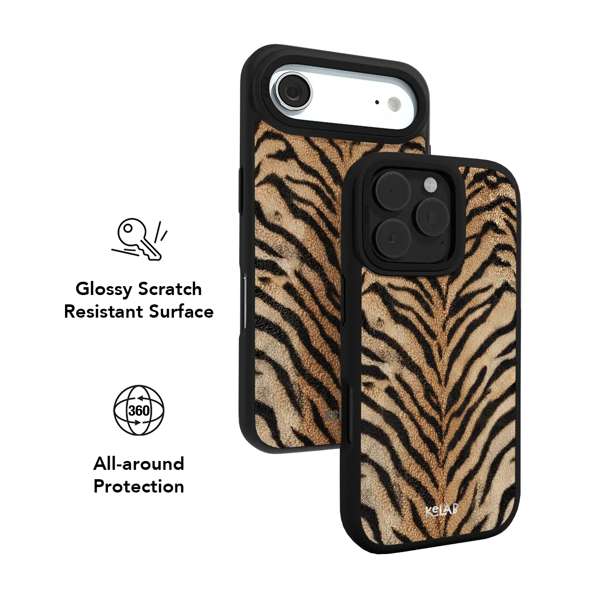 Bold MagSafe KELAB tiger print iPhone case in Chrome with bold black stripes on amber.