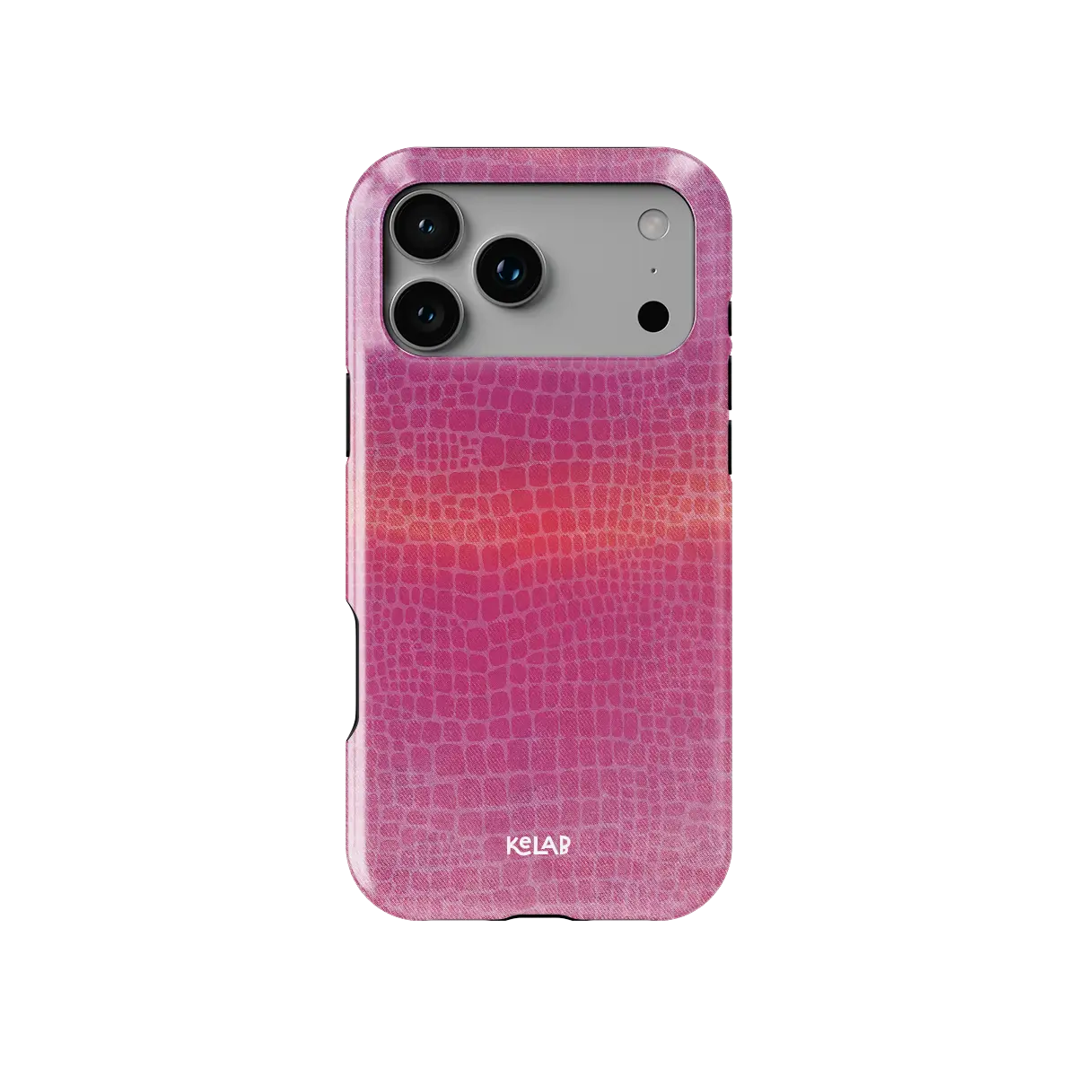 Pink croc print Bold Chrome iPhone case, front view showing the texture (Sunset Serpent).