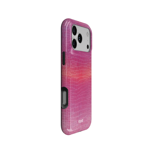 Pink croc print Bold Chrome iPhone case, side view with pattern wrapped around buttons.