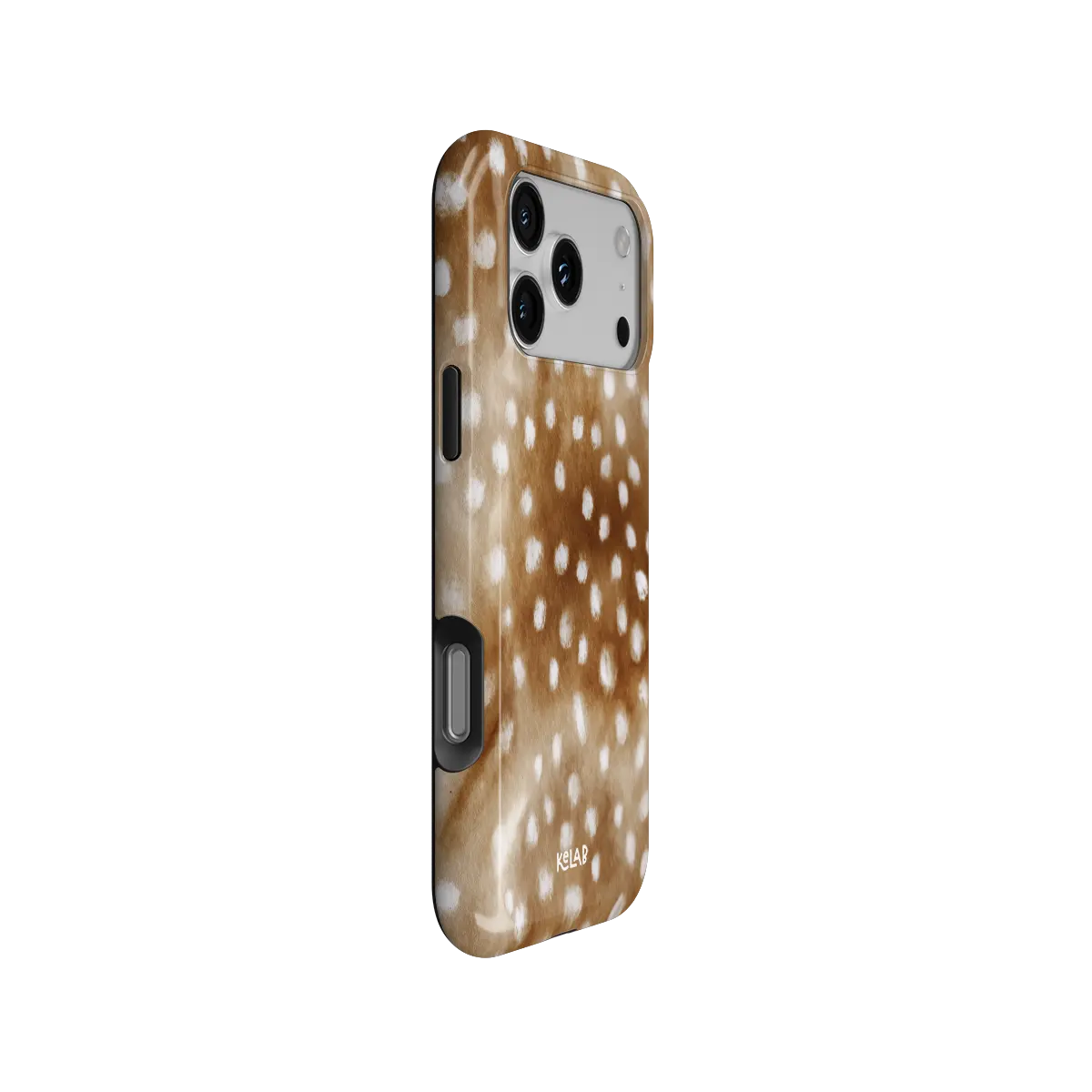 Doe Eyed Drift deer print Tough iPhone case, side view showing the pattern wrapped around the shell.