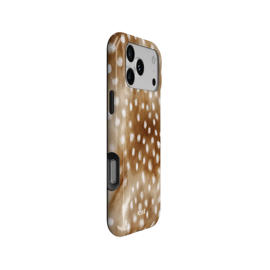 Doe Eyed Drift deer print Tough iPhone case, side view showing the pattern wrapped around the shell.
