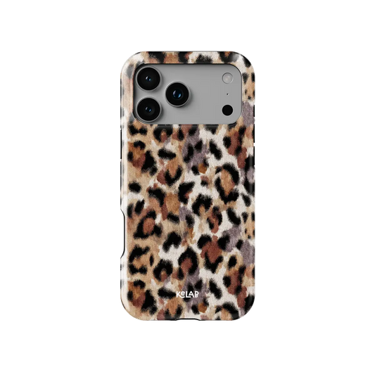 Sahara Plush tan cheetah print Tough iPhone case, front view showing the pattern.