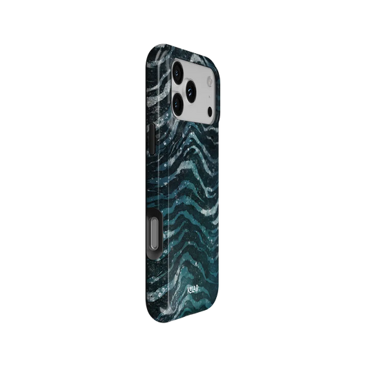 Deep Sea Marble teal zebra print Tough iPhone case, side view showing the pattern wrapped around the shell.