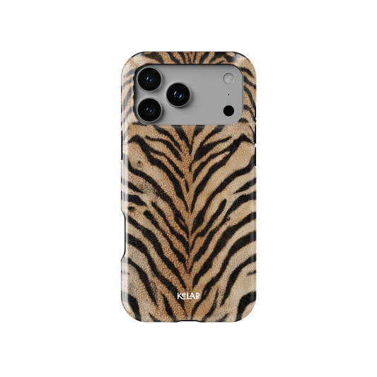 Fierce orange tiger print Tough iPhone case, front view showing the pattern.