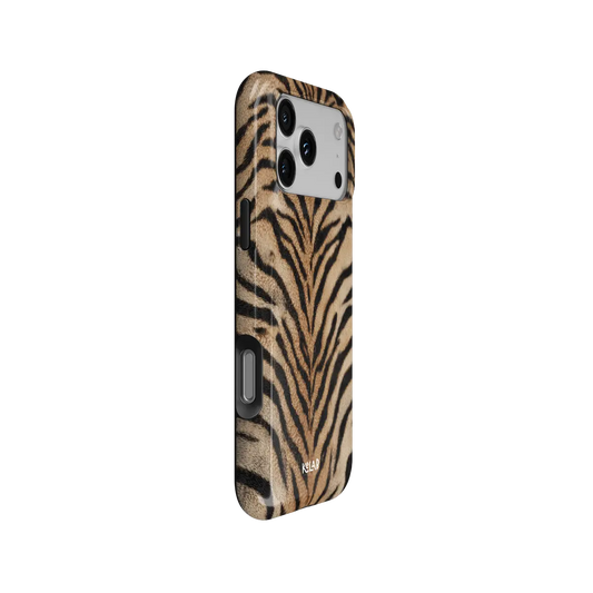 Fierce orange tiger print Tough iPhone case, side view showing the pattern wrapped around the shell.