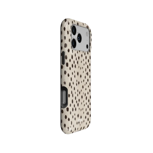 Spot On cream cheetah print Tough iPhone case, side view showing the pattern wrapped around the shell.