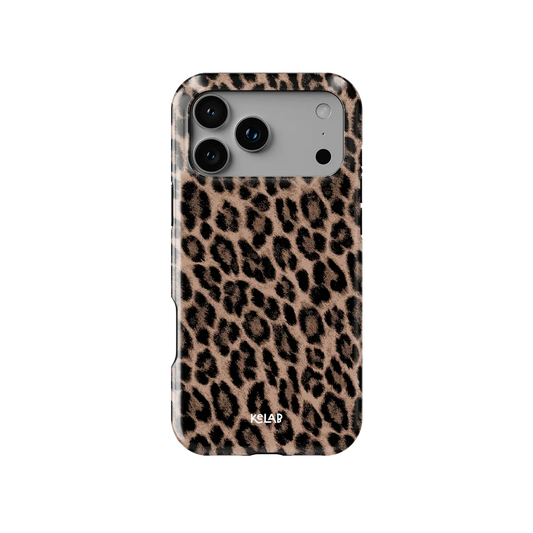 Golden Prowl brown leopard print Tough iPhone case, back view with full camera cutout.