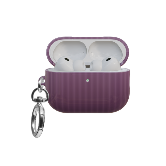 Purple Fluted Glass Gradient Ombre airpods pro case front view with open lid and keychain