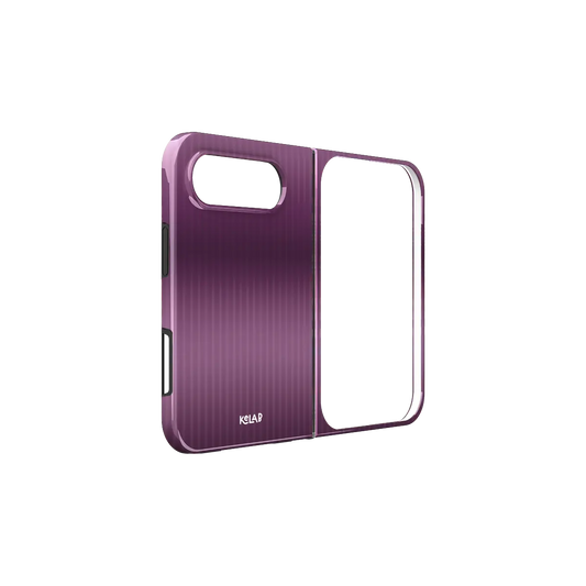 Purple Gradient Fluted Glass, Aura iPhone 18 Fold Case, unfolded side view showing the hinge