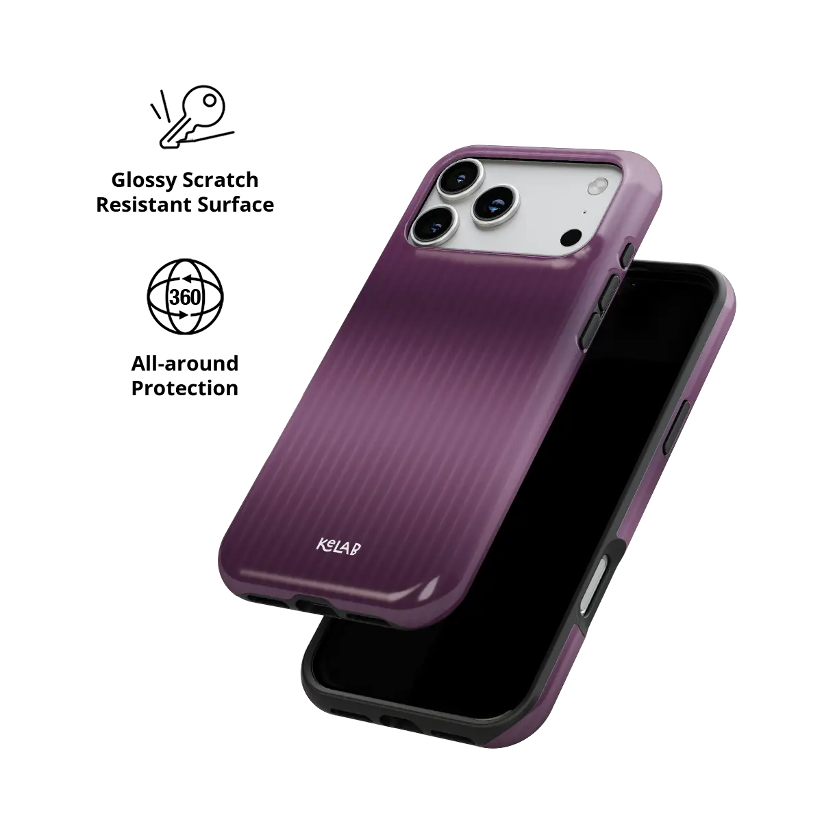 KELAB iphone case with gradient fluted glass pattern, purple glossy ribbed finish and camera cutouts