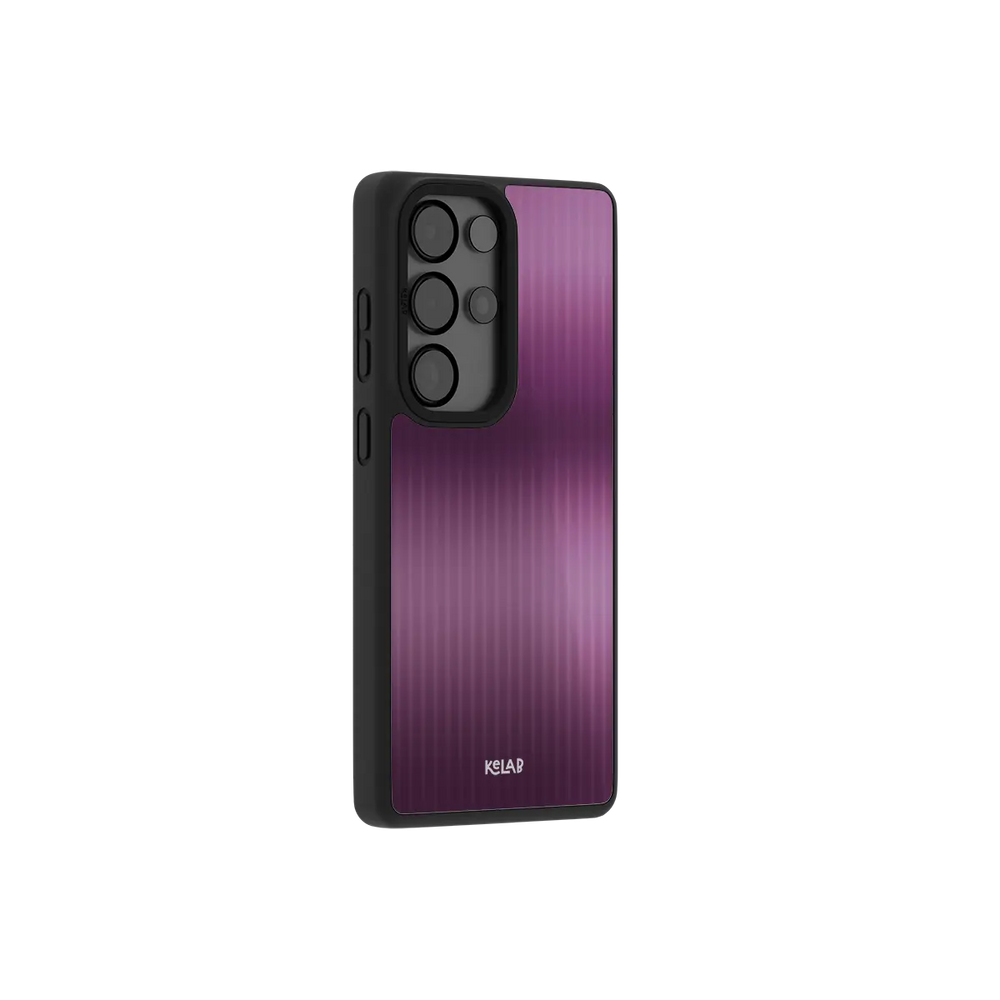 Purple fluted glass Samsung Galaxy case at a side angle showing the wrapped button covers