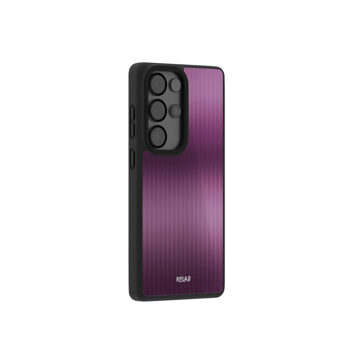 Purple fluted glass Samsung Galaxy case at a side angle showing the wrapped button covers
